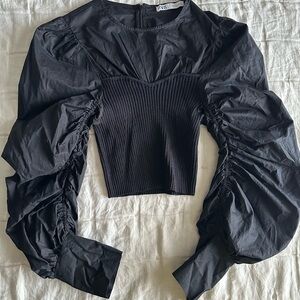 Zara Black Ruched Sleeve Blouse